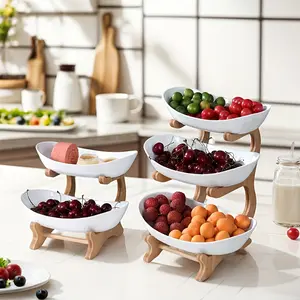 Colorful Fruit Basket Set with Wooden Stand, Plastic Bowls, Cake Stands, Biscuit Plates, Candy Buffet, Perfect for Weddings & Parties, Display Stand Set