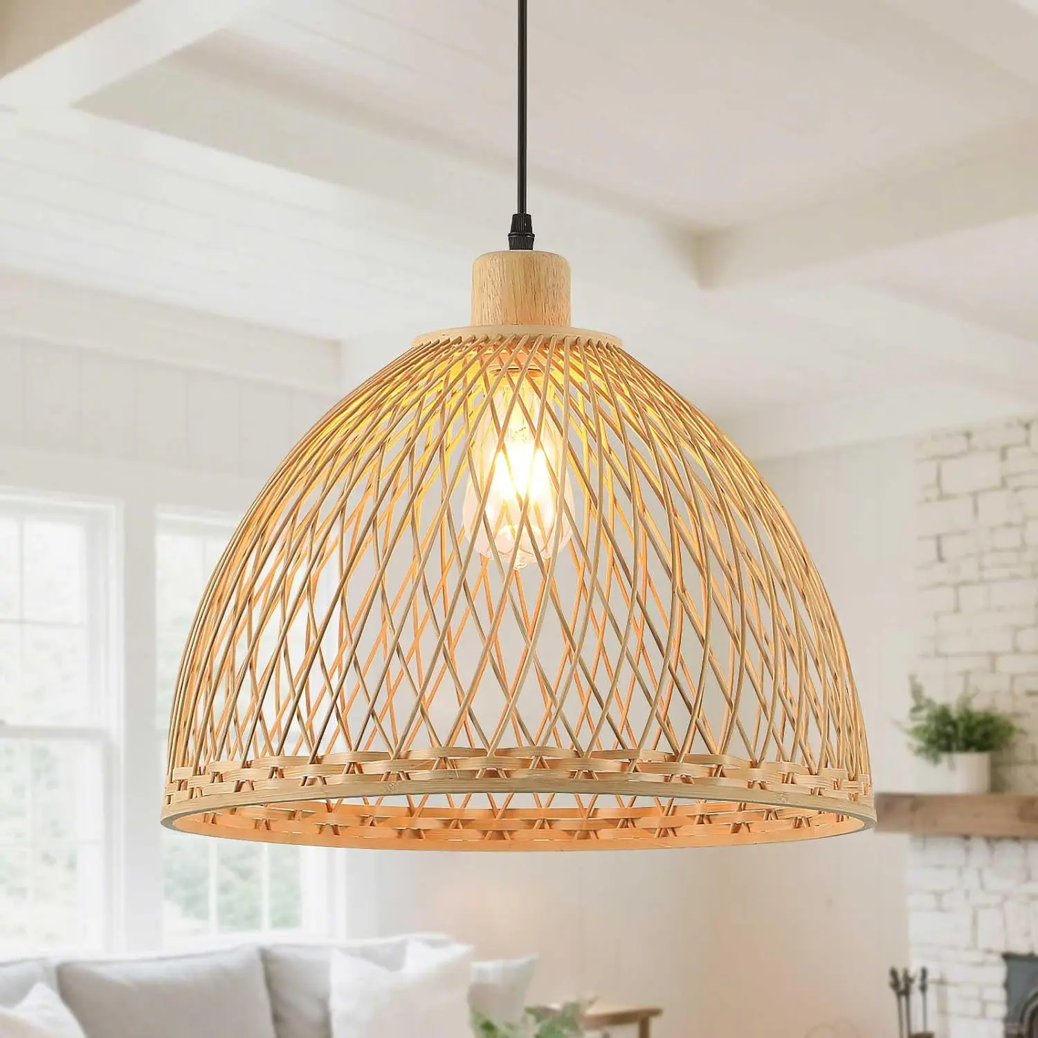 Hand-Woven Rattan Pendant Light - 16" Adjustable Cable Boho Wicker Light for Kitchen Island, Dining Room