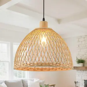 Hand-Woven Rattan Pendant Light, 16" Boho Wicker Light with Adjustable Cable for Kitchen Island Dining Room