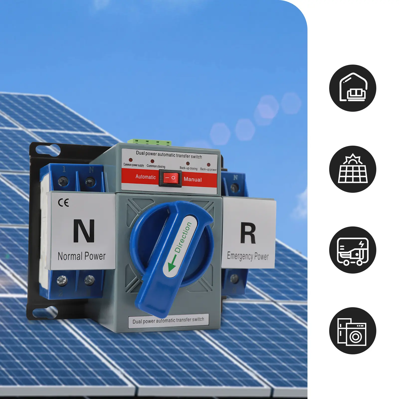 63A 2P 110V Dual-Power Automatic Transfer Switch (ATS), 2-Second Switching Manual-Auto Device, Blue Inverter for Solar Power, Restaurants, Banks Backup Systems