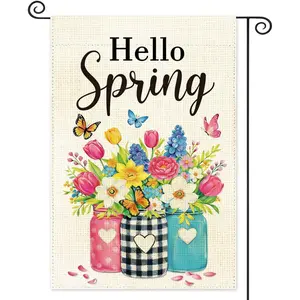 Hello Spring Garden Flag Spring Burlap Garden Flag Double Sided Mason Jar Flags for Outside Garden Flags for Porch Home Decorations Floral Butterfly Mason Jar Holiday Yard Outdoor Banner