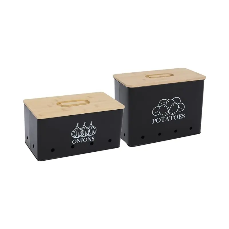 Potato Onion Storage Box, Food Container Sets, Storage Canisters for Vegeatables, Set of 2 Jars Pots Containers, Potato & Onion Bin with Aerating Tin Storage Holes & Bamboo Lid-Black