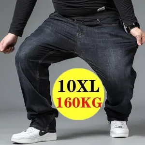 45-160KG Plus Size Men Oversized Loose Elastic High Waist Black Blue Denim Jeans
