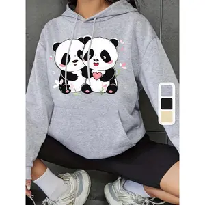 Panda Charm Hoodie – fashionable drawstring hood, cozy long sleeves, kangaroo pocket – effortless pullover casual wear for Valentine’s Day – trendy women’s clothing