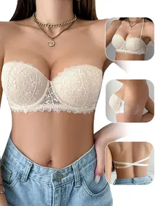 Women’s Strapless Lace Bra, Sexy Push Up Underwire Bandeau with Clear Back Strap for Wedding, Off Shoulder Dress & Formal Wear