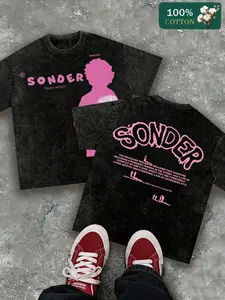 Men's Casual Streetwear Short Sleeve T-Shirt, Sonder Print, Colorblock, Fitted Round Neck, All Seasons, Perfect for Music Festivals