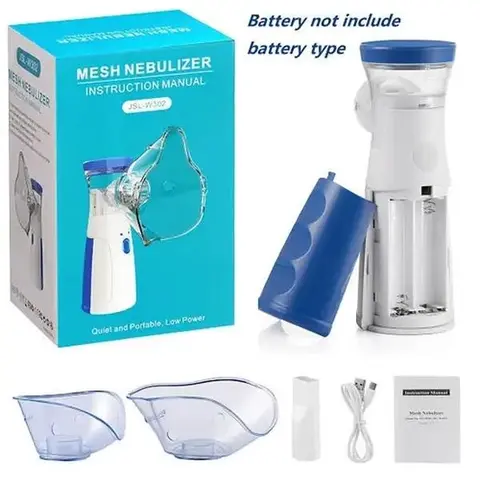 Rechargeable Handheld Ultrasonic Mesh Nebulizer (115g) - 2 Spraying Modes, Travel-Ready, Quiet, Lightweight, 5-Min Fast Treatment, USB-C Cable, CE Certified, Adjustable, Self-Cleaning, with Cup, Adult Masks, 2 AA Batteries, Home Lung & Asthma Care