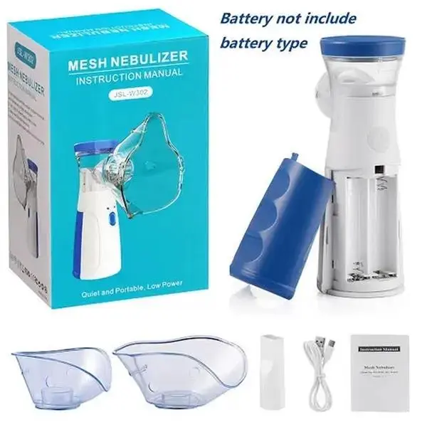 Rechargeable Handheld Ultrasonic Mesh Nebulizer (115g) - 2 Spraying Modes, Travel-Ready, Quiet, Lightweight, 5-Min Fast Treatment, USB-C Cable, CE Certified, Adjustable, Self-Cleaning, with Cup, Adult Masks, 2 AA Batteries, Home Lung & Asthma Care