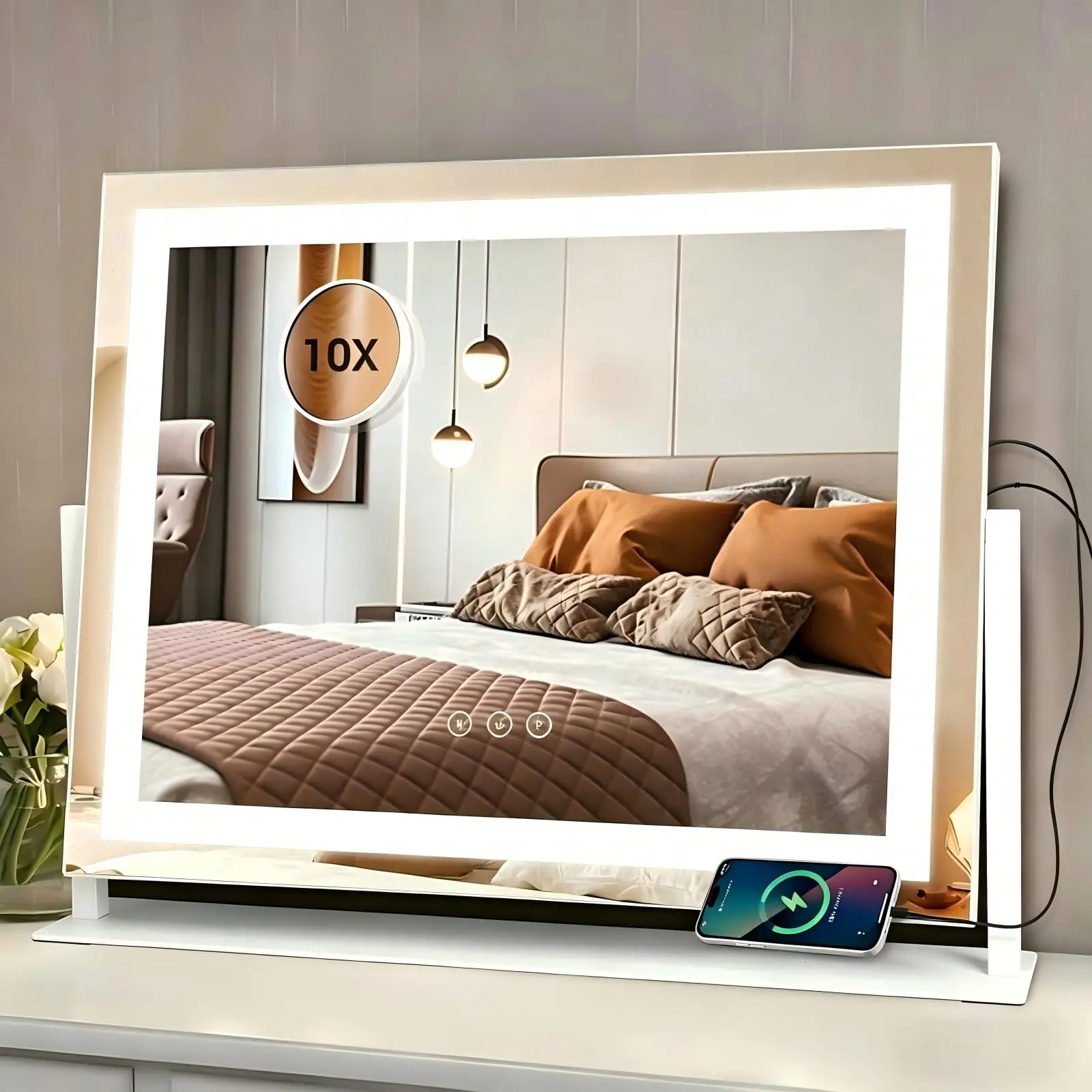 Modern Vanity Mirror with Lights, Large 20 x 16 Inch Makeup Mirror for Bedroom, Adjustable LED Lighting, 10X Magnification, Touch Control, USB Charging Port