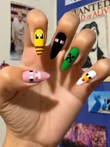 Pixel Creature M-Mine craft Creature Press On Nails | Handmade Gaming Inspired Design for Beaches, Summer, Holiday, Vacation, Birthday