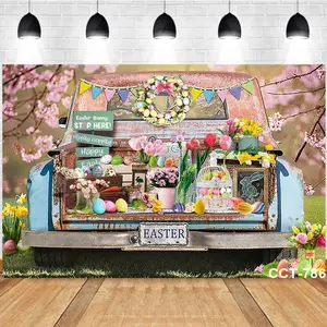 Photography Background Spring Easter Vintage Pickup Truck Easter Eggs Flowers Wreath Signs Birthday Party Decor Backdrop Photo Studio