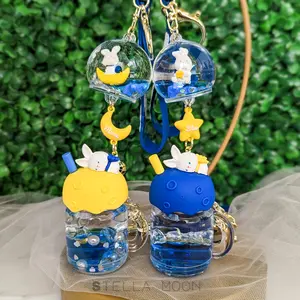 Moon Rabbit Liquid Keychain, Kawaii Blue Bunny Key Chain Ring Accessory, Cute Yellow Star Shaker Bag Charm, Mug Fidget Toy, Bow Animal cute keychain