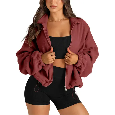 Angerella Women's Soft Minimalist Collared High Neck Full-Zip Polar Fleece Cropped Knitting Jacket - Warm Long-Sleeve Sherpa Coat, Baggy Option, Casual Basic, High-Rise Pants Compatible, Hiking Outdoor Top
