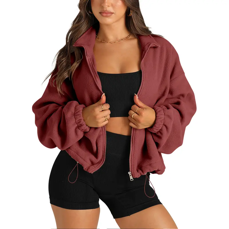 Angerella Women's Soft Minimalist Collared High Neck Full-Zip Polar Fleece Cropped Knitting Jacket - Warm Long-Sleeve Sherpa Coat, Baggy Option, Casual Basic, High-Rise Pants Compatible, Hiking Outdoor Top