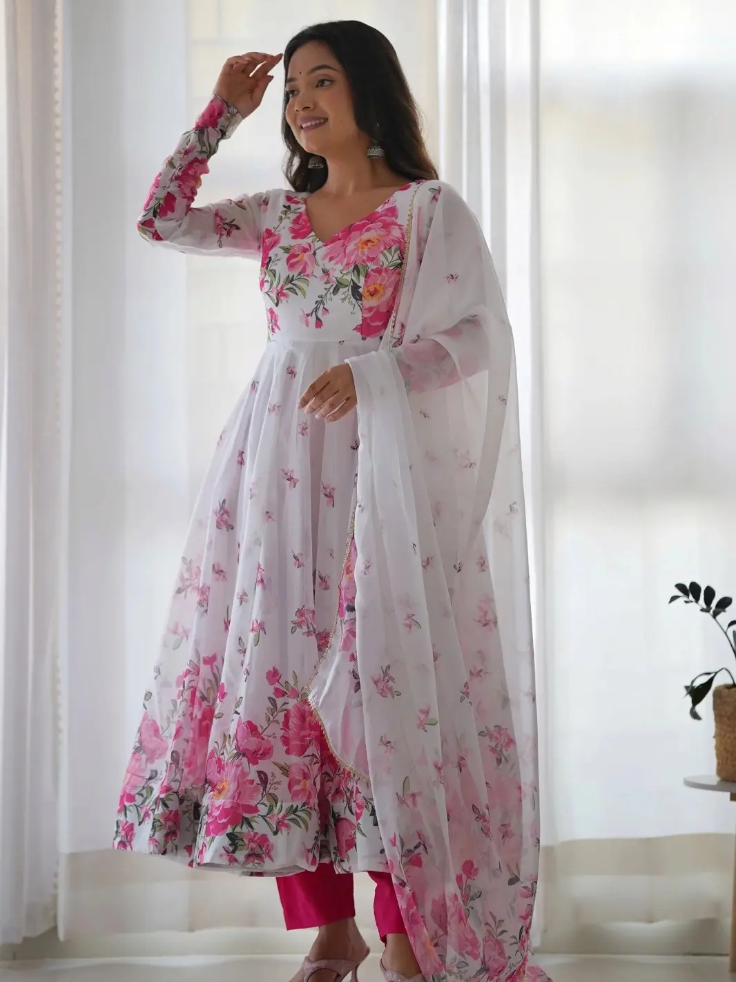 Women's Soft Chiffon Floral Print Stitched Anarkali Kurti Set with Dupatta & Pant