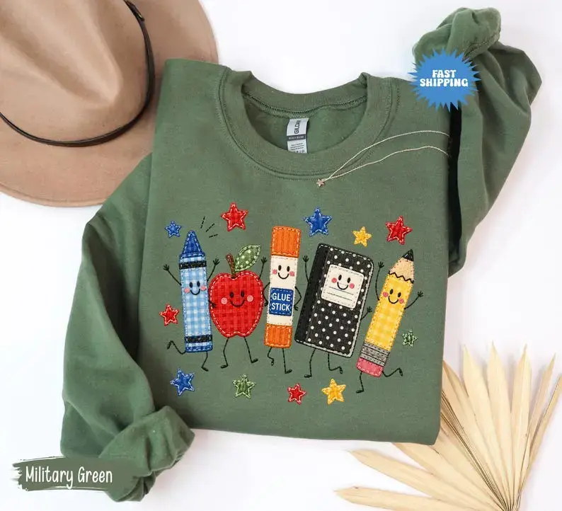 [Sweatshirt or Tshirt] Back to School Sweatshirt, Apple Pencil Notebook Graphic Shirt, Doodle School Teacher Sweater, Cute Teacher Gift, Teacher Gildan Crewneck