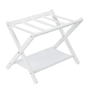 Garvee Premium Bamboo Folding Luggage Rack with Storage Shelf and Nylon Straps, Holds Up to 110 Lb, Fits Most Luggage Sizes, Ideal for Bedrooms, Living Rooms, and Hotels, White Finish