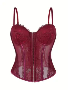 Women’s Burgundy Lace Mesh Corset Top, Boned Bustier Cami, Front Hook & Lace-Up Back, Slim Fit Shaping Top, Elegant Style