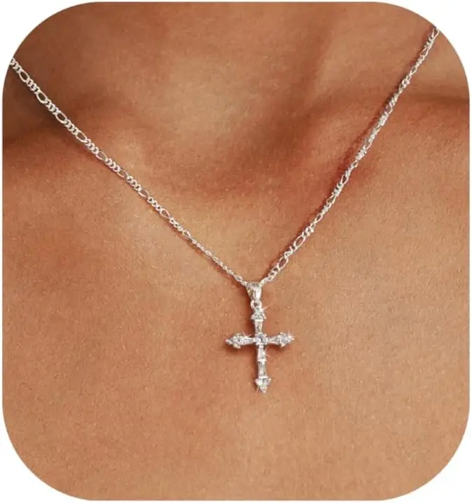 14K Gold Plated Cross Necklace for Women, Dainty Christian Faith Cross Pendant Necklace, Box & Figaro Chain, Non Tarnish Jewelry Gift