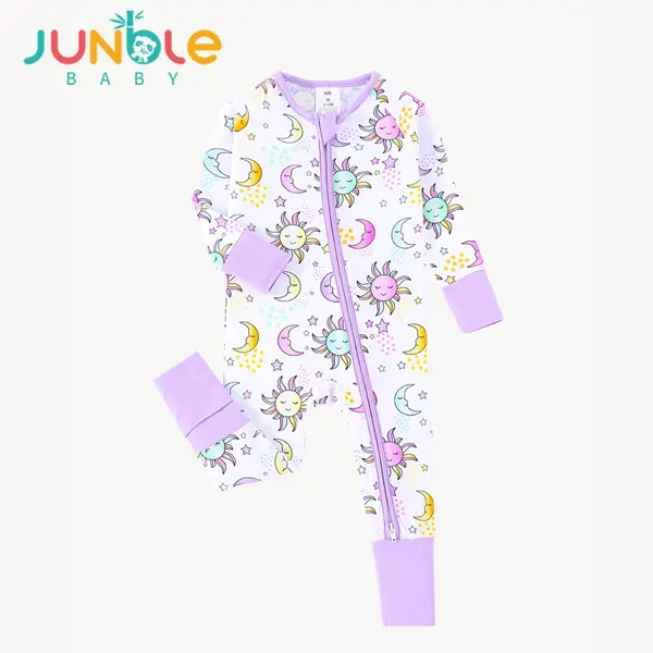 JUNBLEBABY Unisex Bamboo Long Sleeve Baby Bodysuit, Sun Moon & Stars Print Sleep & Play Romper with 2-Way Zipper and Convertible Footies, Infant, Infant Sleepwear, Baby Clothing, Tight, Sun Moon Print, Romper Cut Lets Them Wiggle, Two-Way Zipper
