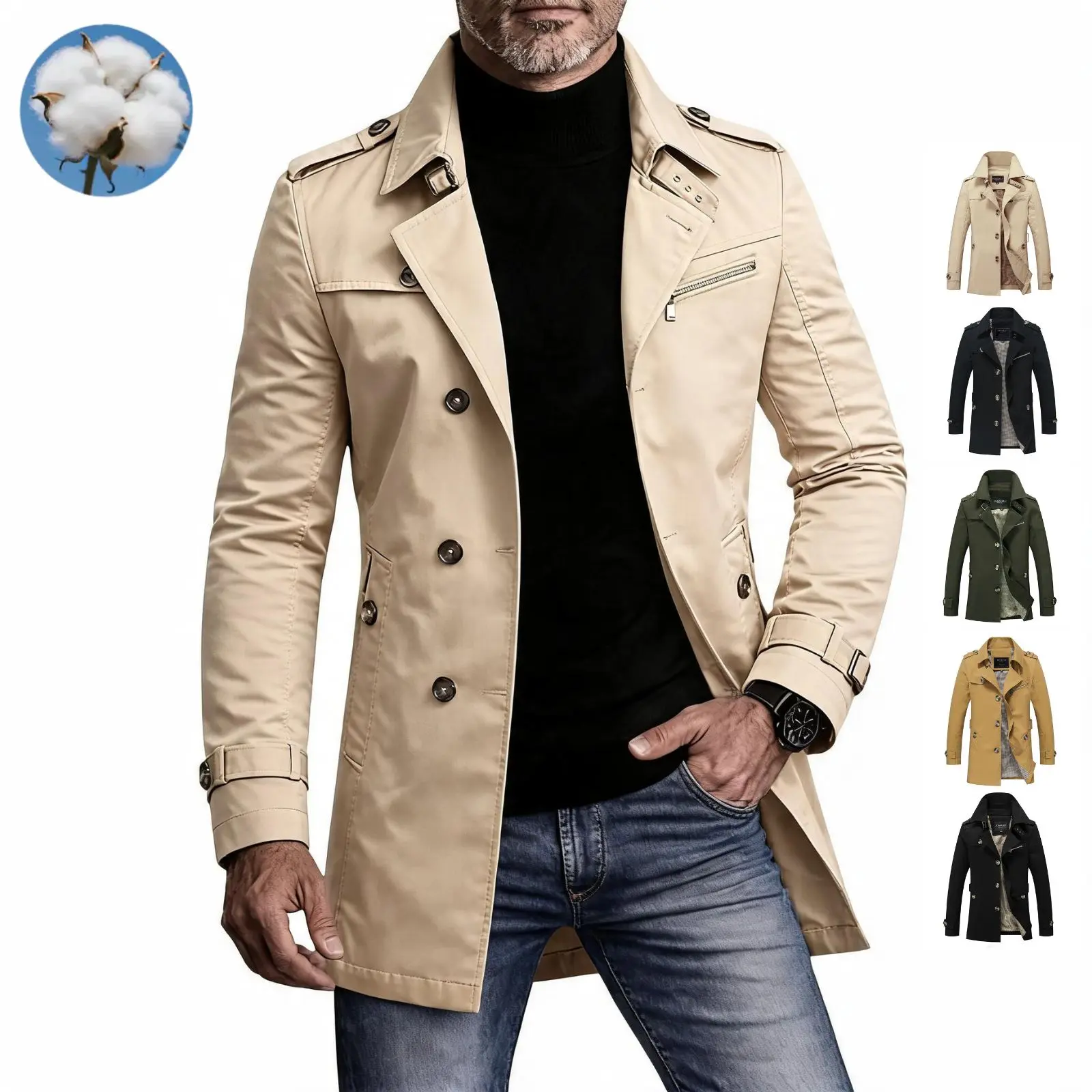 Men’s Elegant Plain Long Pea Coat - Single-Breasted, Turn-Down Collar, Slim Fit Casual Outdoor Jacket, Mens Tops Outerwear for Office, Everyday Wear