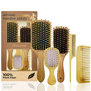 Square Natural Bamboo Wood Comb Set Brushes, Five-Piece Multi-Pack, Large Medium Small Sizes, Precision Pointed Tips, Smooth Wide Teeth, Hair Care