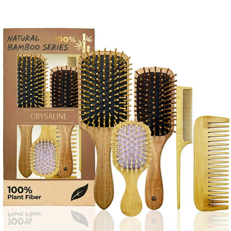 Square Natural Bamboo Wood Comb Set Brushes, Comb Type, With Brush, Five-Piece Multi-Pack, Large Medium Small Sizes, Precision Pointed Tips, Smooth Wide Teeth, Hair Care