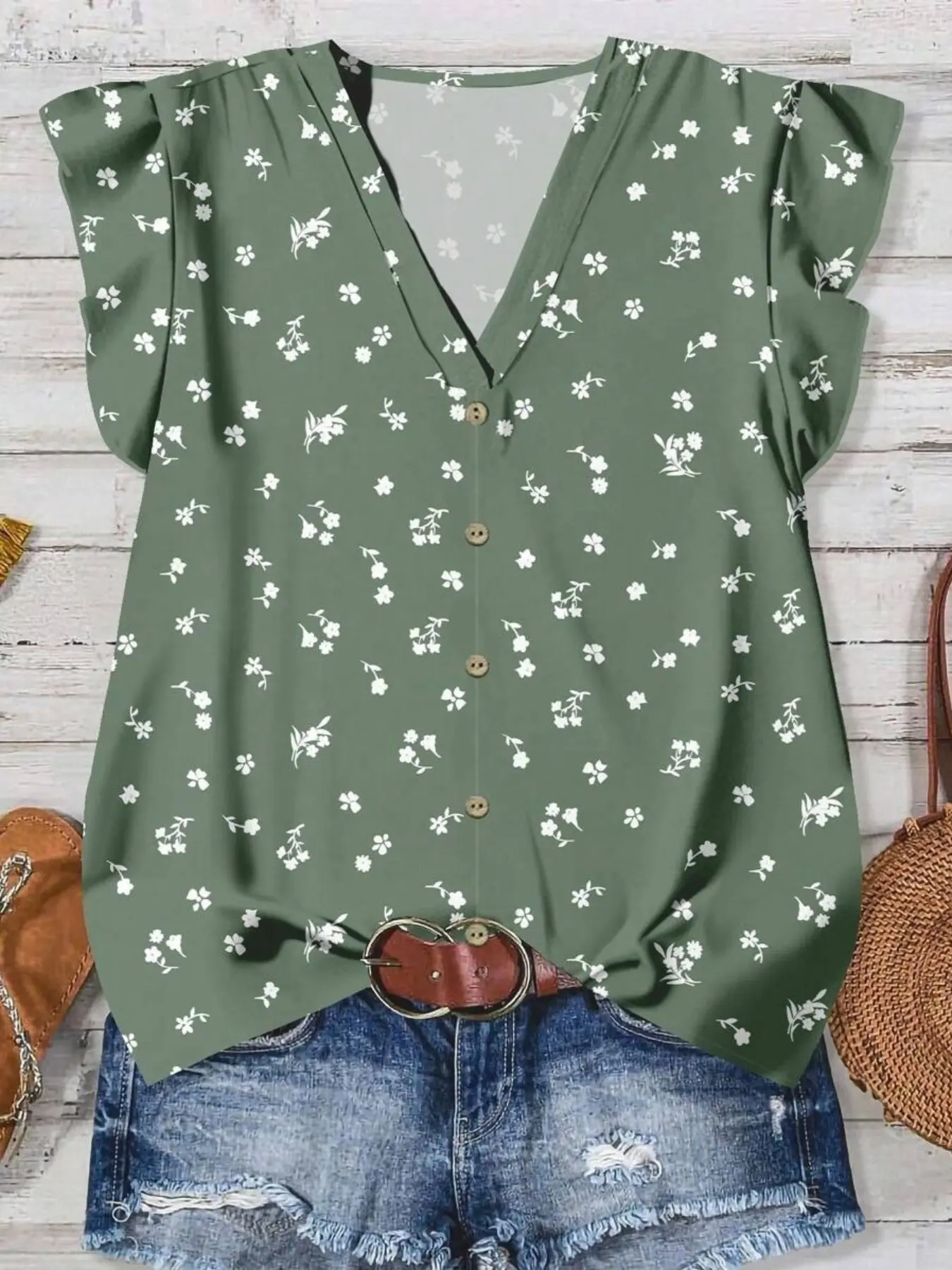 Women's Casual Floral Pattern V-Neck Fitted Slim Blouse Shirt, Perfect for Spring, Summer and Autumn, Fashionable Women's Clothing, Ladies' Stylish Blouse, Womenswear