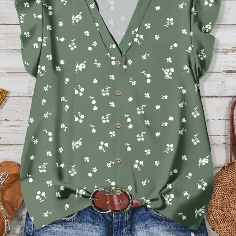 Women's Casual Floral Pattern V-Neck Fitted Slim Blouse Shirt Top, Perfect for Spring, Summer and Autumn, Fashionable Women's Clothing, Ladies' Stylish Blouse, Womenswear