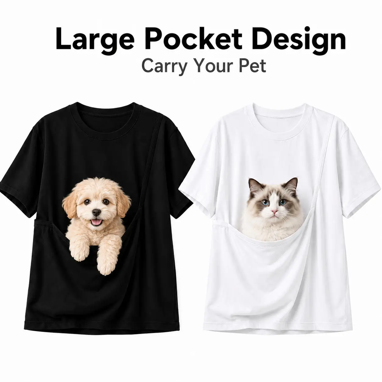 Unisex Pet Pouch Shirt, Hands-Free Pet Cuddle Top with Built-In Large Front Pocket, Short Sleeve Relaxed Fit Tee