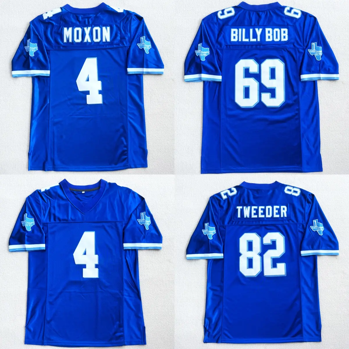 Movie Varsity Blues MOXON #4 BILLYBOB #69 TWEEDER #82 American Football Jerseys West Canaan Coyotes Blues Men Embroidery S-3XL large size V-neck mesh ventilation high quality %100 polyester fabric daily training suit match day Fan clothing