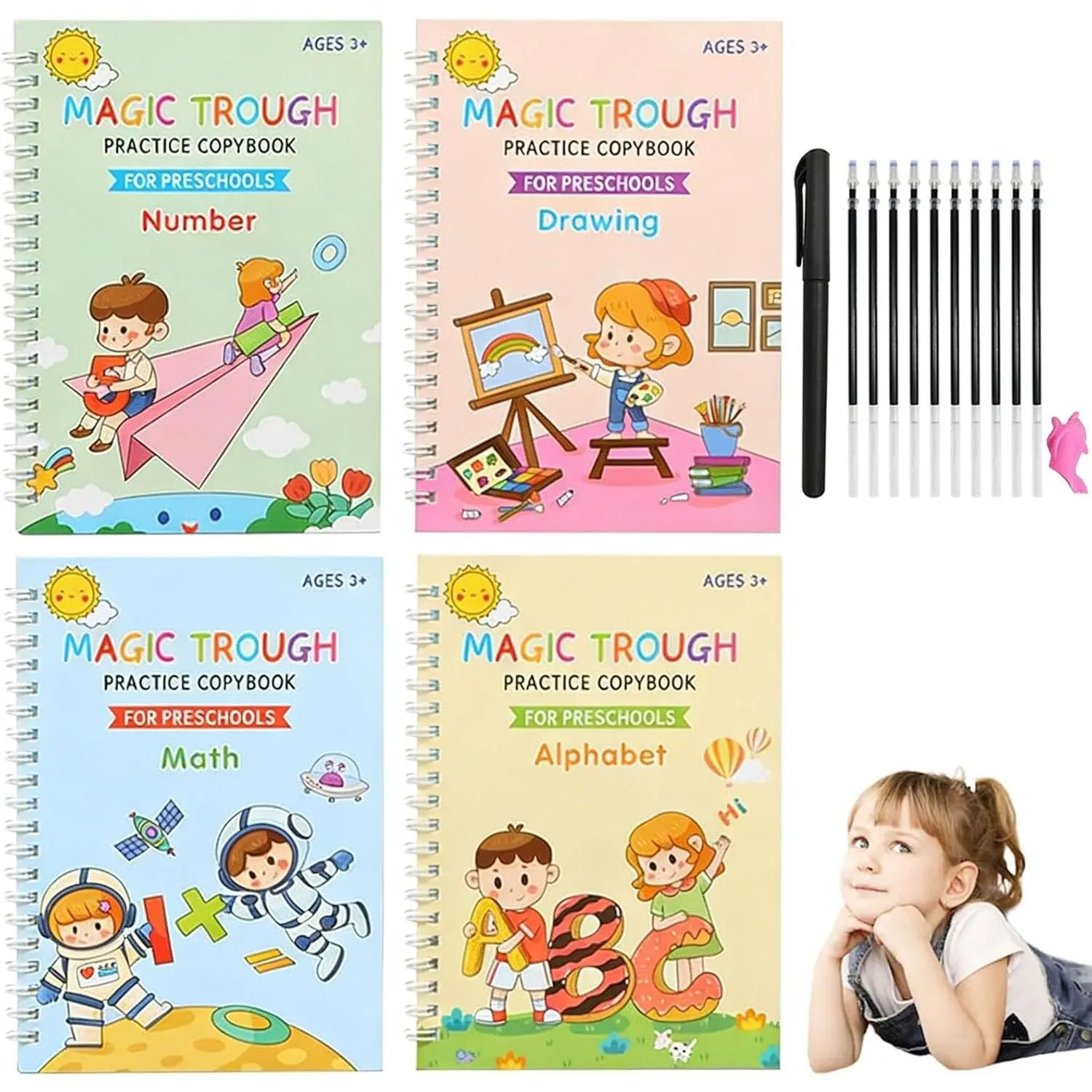Magic Grooved Writing Books for , Handwriting Practice for Ages 5-7, Tracing Books for  Ages 3-5,  &  Workbook with Letters, Numbers, Math & Drawing
