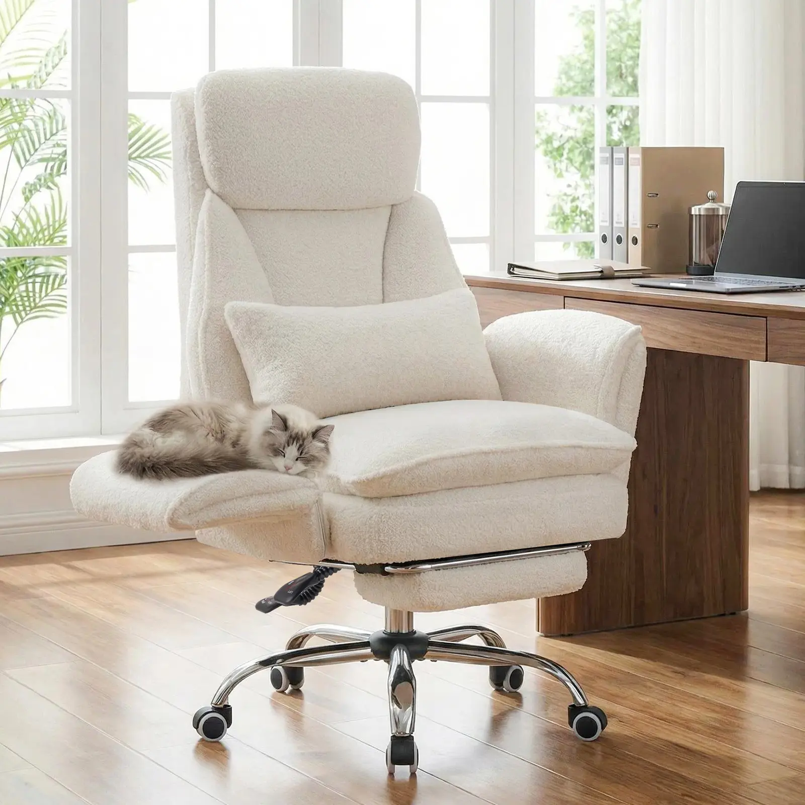 Furnimart Sherpa Boucle or Scratch Resistant Faux Leather Executive Office Chair with 5-Position Adjustable Armrests Reclining Swivel Desk Chair with Footrest for Home Office Study Living Room Bedroom