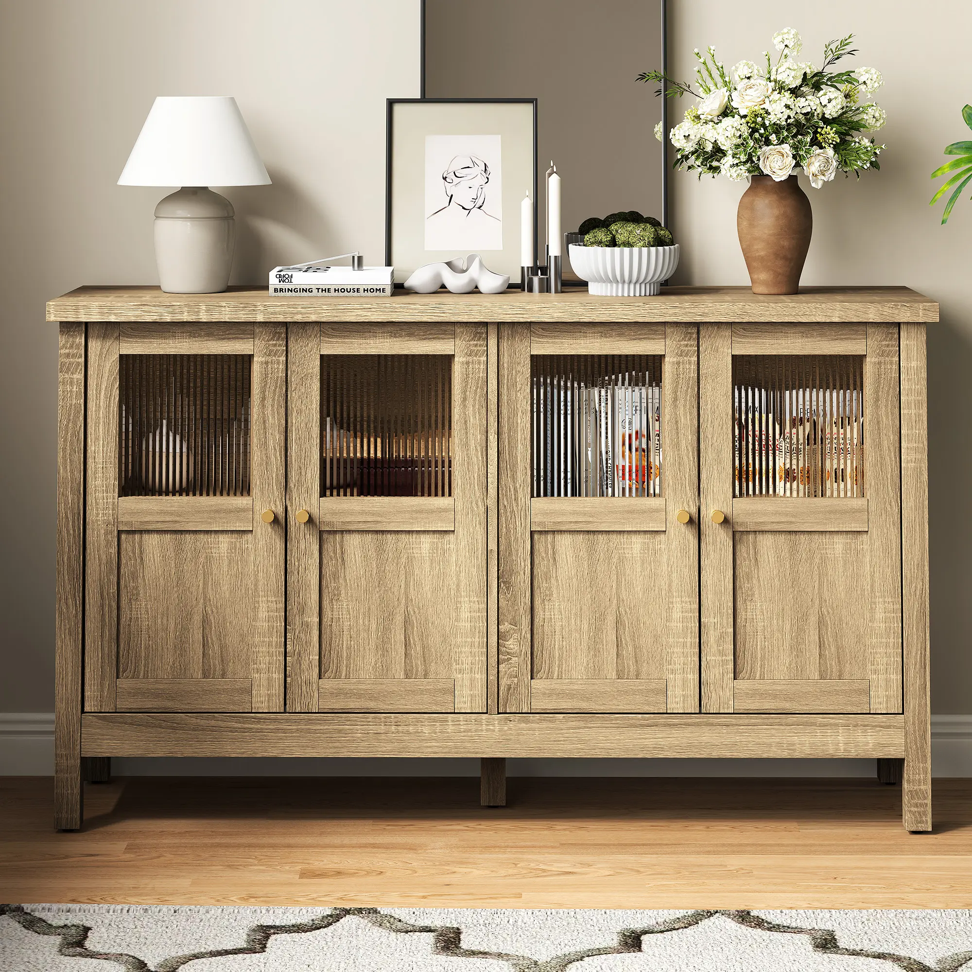 RoyalCraft Sideboard Buffet Cabinet with Storage, 55'' Storage Cabinet with Acrylic Accents, Accent Cabinet with Adjustable Shelves, Wood Credenza for Living Room, Dining Room, Entryway