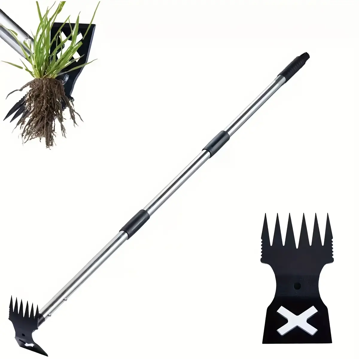 Metal Extended Garden Rake with Long Handle - Manual Rooting Tool, Lawn Soil Loosening Tool, Garden Hoe for Home Gardening Supplies