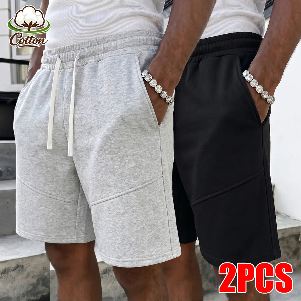 Men's 2 Pack Cotton Casual Shorts, Elastic Waist Drawstring Lounge Shorts with Diagonal Seam Design, Comfort Sweat Shorts with Pockets for Daily & Sports Wear
