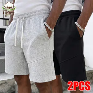 Men's 2 Pack Cotton Casual Shorts, Elastic Waist Drawstring Lounge Shorts with Diagonal Seam Design, Comfort Sweat Shorts with Pockets for Daily & Sports Wear