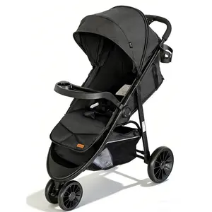 Three-wheeled Baby Stroller Foldable with Reclining Seat Includes Tray & Cup Holder Features Extended Sun Canopy & Breathable Mesh Panel,EVA wheels