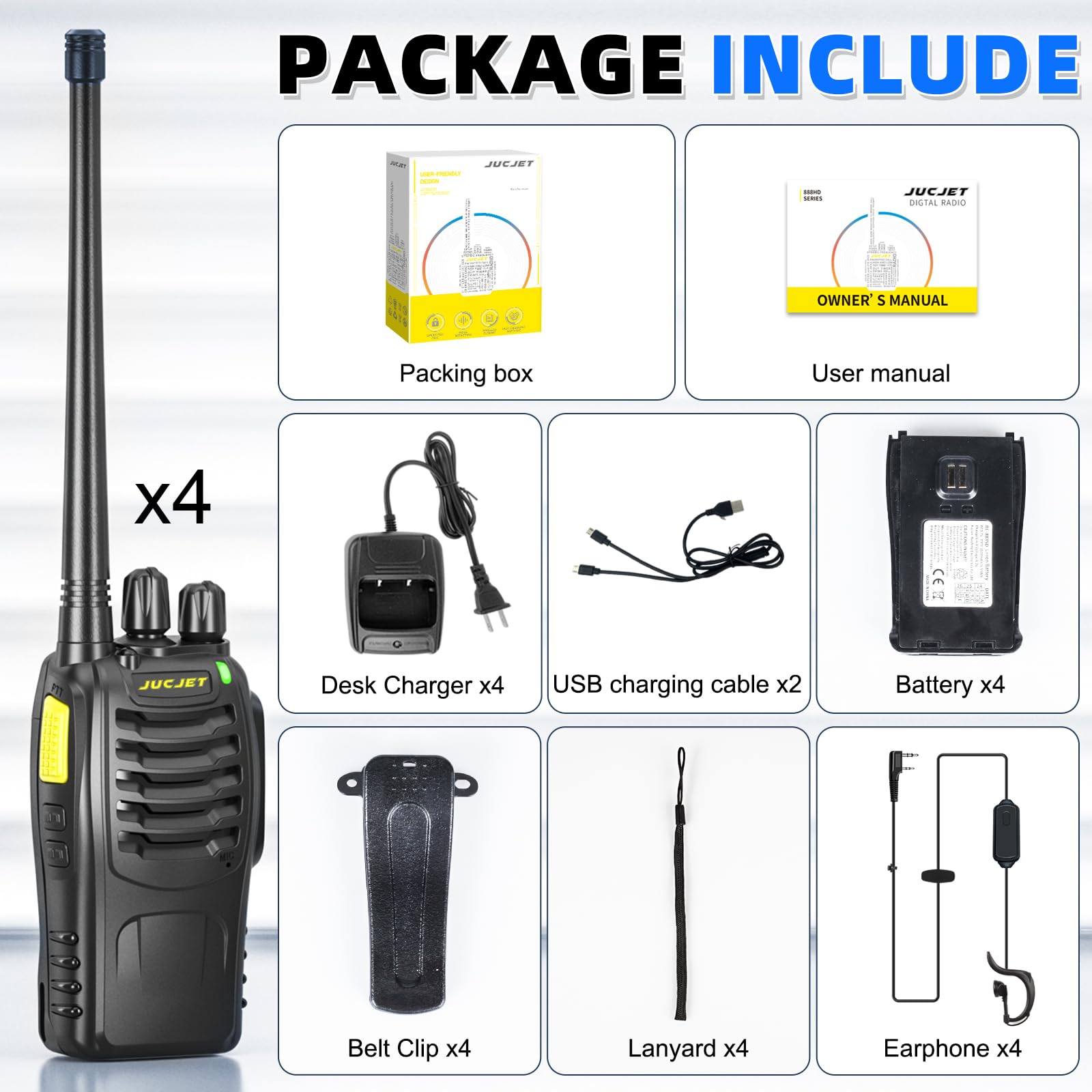 Walkie Talkies for Adults 4 Pack - Rechargeable Long Range 2 Way Radios with Charging Base, Headsets, Type-C Cable, One-Click Pairing, Noise Reduction & Digital Encryption - Perfect for Family Outdoor Hiking (Black)