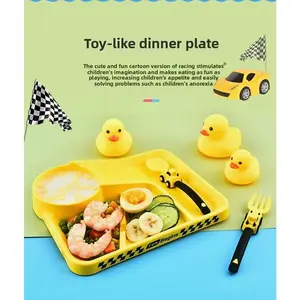 Children's three-piece tableware set / Creative car-themed divided plate / Fun fork and spoon / Colorful design helps overcome children's picky eating habits / Gift for children