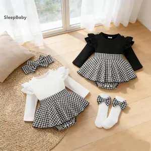 Toddler Baby Girl Spring Outfits Long Sleeve Houndstooth Print Romper Dress with Headband and Long Socks Chucky Toddler Embroidered Smocked Toddler Dress