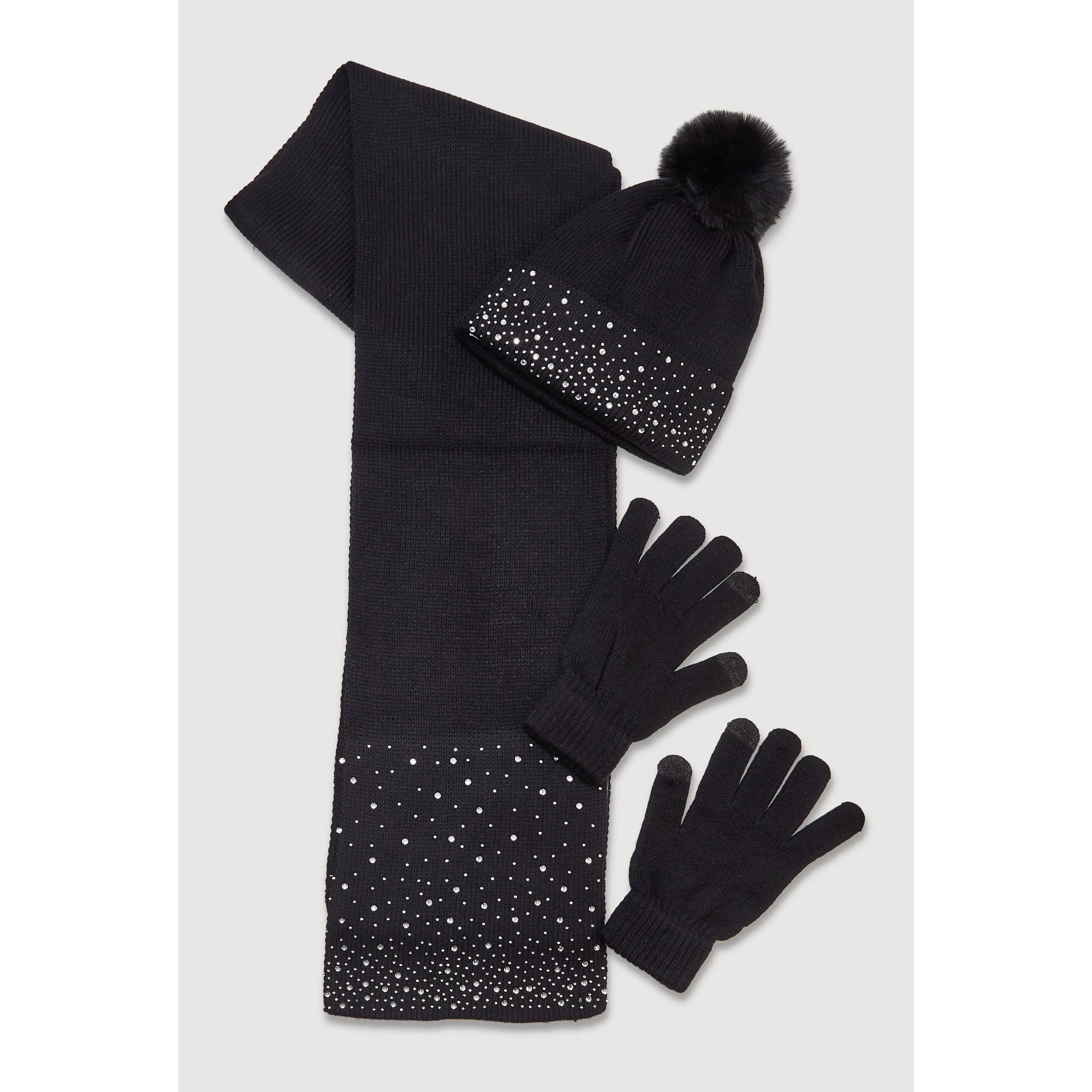 Rhinestone Detail Beanie with Long Scarf and Texting Gloves