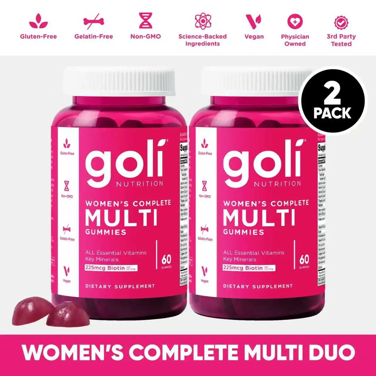 Women's Complete Multi Gummies 2-Pack: All 13 Essential Vitamins, All B Vitamins, Vitamin C, A, D, E, K, Zinc, Biotin and more. Healthy Hair, Skin & Nails, Eyes, Immune, Brain & Nervous system, Heart Health. Gluten-Free, Vegan, Non-GMO, and Gelatin-Free.