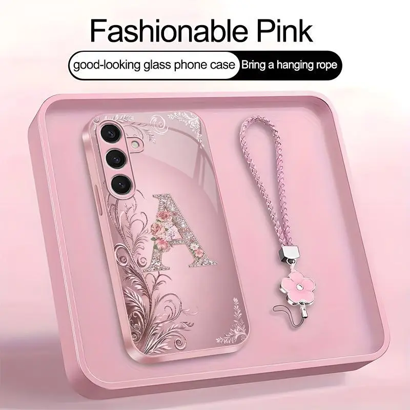 Suitable for [Galaxy S24 Plus] high-end women's phone case🤩，a beautiful four-leaf clover lanyard is included🍀，Exquisite floral print, non-3D rhinestones, 26 letters to choose from YM99