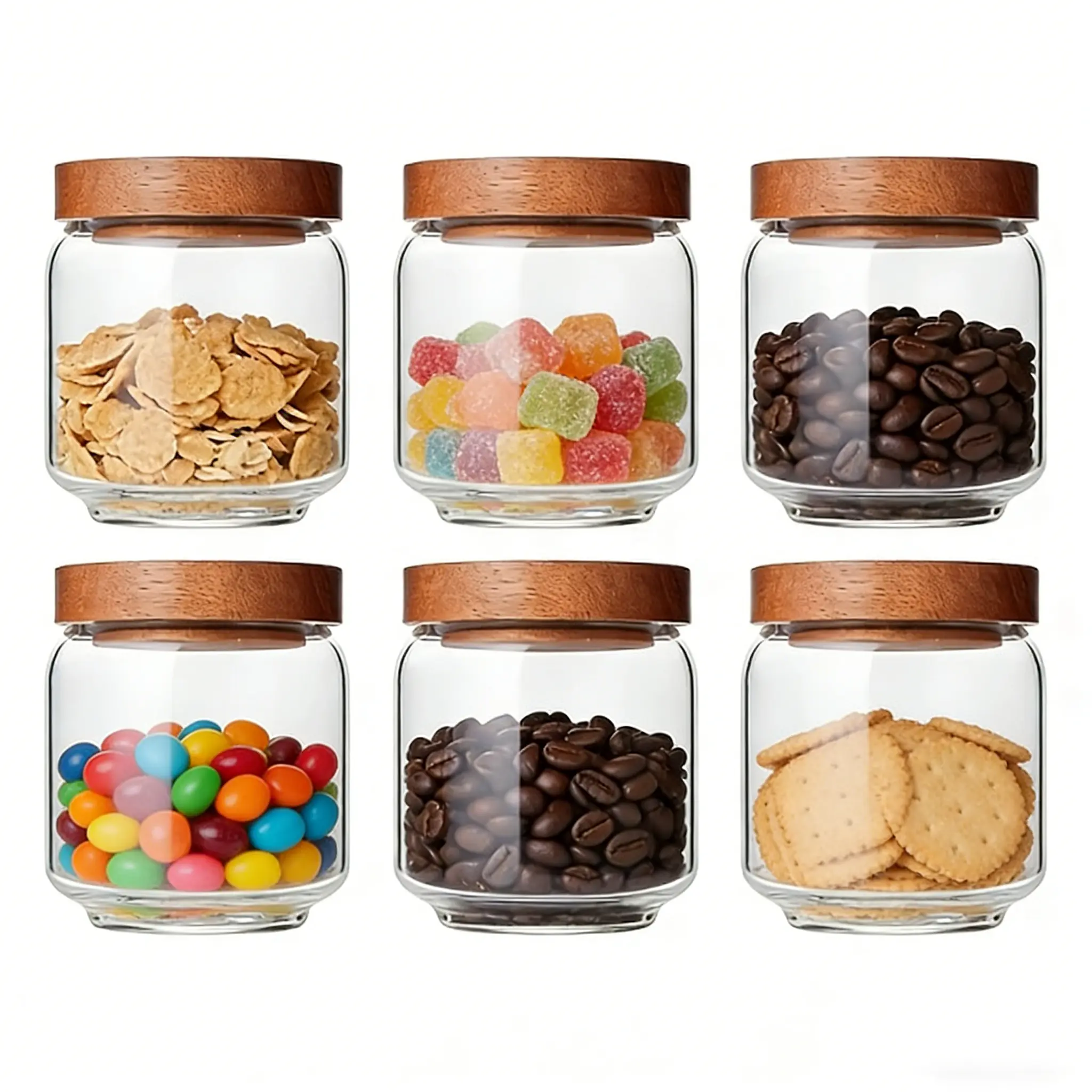 6-Pack 15 fl oz Glass Food Storage Container Set, Leak-Proof Food Jars with Wood Lid, Stackable BPA-Free Kitchen Utensils for Coffee Beans, Cookies, Nuts, Spices, Snacks, Flour & Tea, 6 Pcs Kitchen Organizer & Pantry Essentials, Kitchen Gadgets