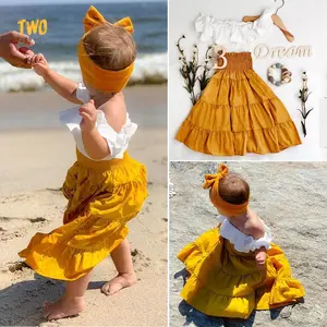 3PCS Toddler Baby Girl Off Shoulder Ruffle Crop Top + Maxi Long Skirt + Headband Outfits Set