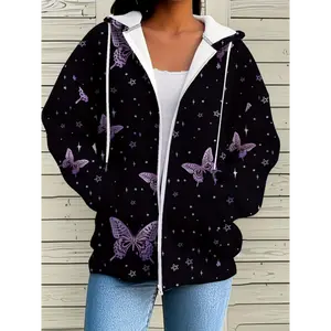 Plus Size, Women's Plus-Size Elegant Butterfly & Star Print Hooded Jacket-Stretchy Mid-Weight Long Sleeve Zipper Front Casual Outerwear for Spring Summer Fall, Machine Washable,Seasonal Layering Piece,Fabric Sweatshirts Womenswear Tops Black Chic Pullover