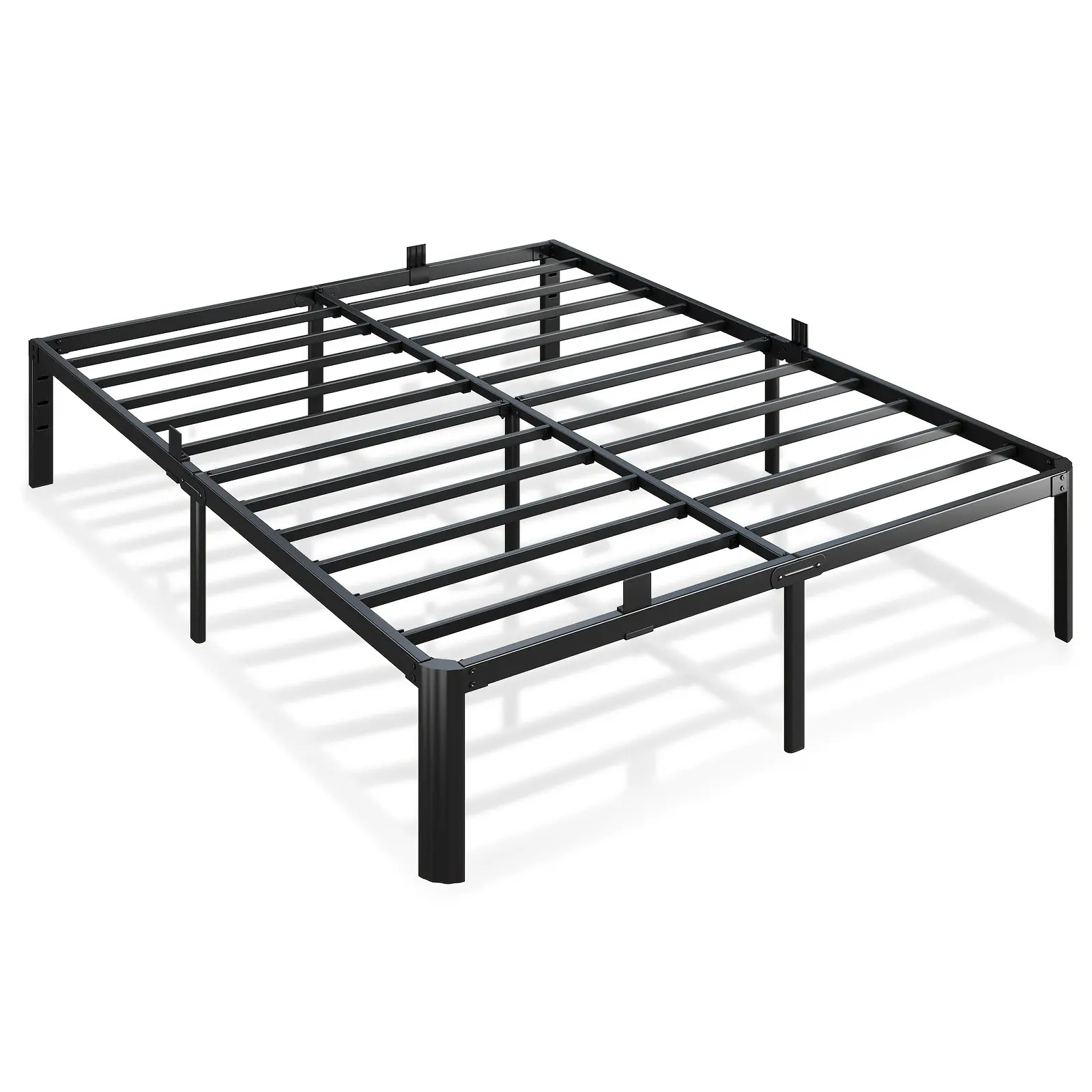 14-inch durable black metal bed frame, upgraded round fan-shaped legs, 4 mattress limiters, 3500LBS heavy-duty steel strips, no springs required, no noise, reinforced large storage space below, does not include headboard, easy to assemble
