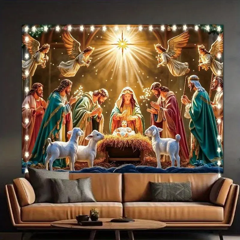 2D Flat, 1pc Large Nativity Scene Tapestry - Birth Wall Hanging with Mary,, & Wise, Vinyl Religious Wall Decor for Christmas, Easy Peel & Stick Installation Kit Included, /Outdoor Xmas Party Decoration, 2D Flat Room Gift