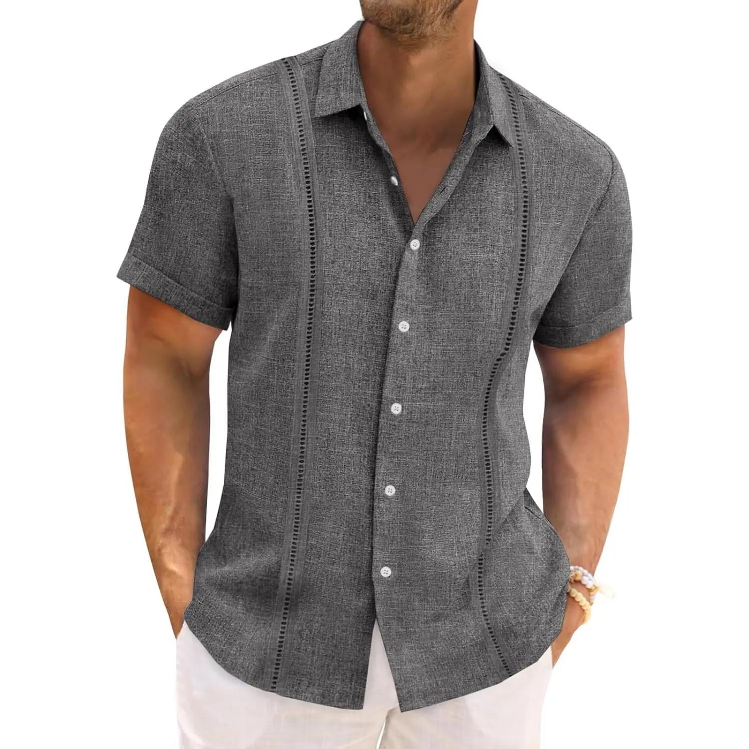 PASLTER Mens Cuban Guayabera Shirts Short Sleeve Linen Casual Shirt Button Down Beach Summer Mexican Shirts